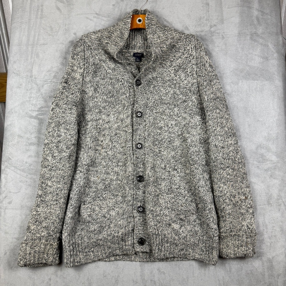 J.Crew Mens Large Grey Marled Shawl‎ Collar Chunky Knit Button Front Cardigan